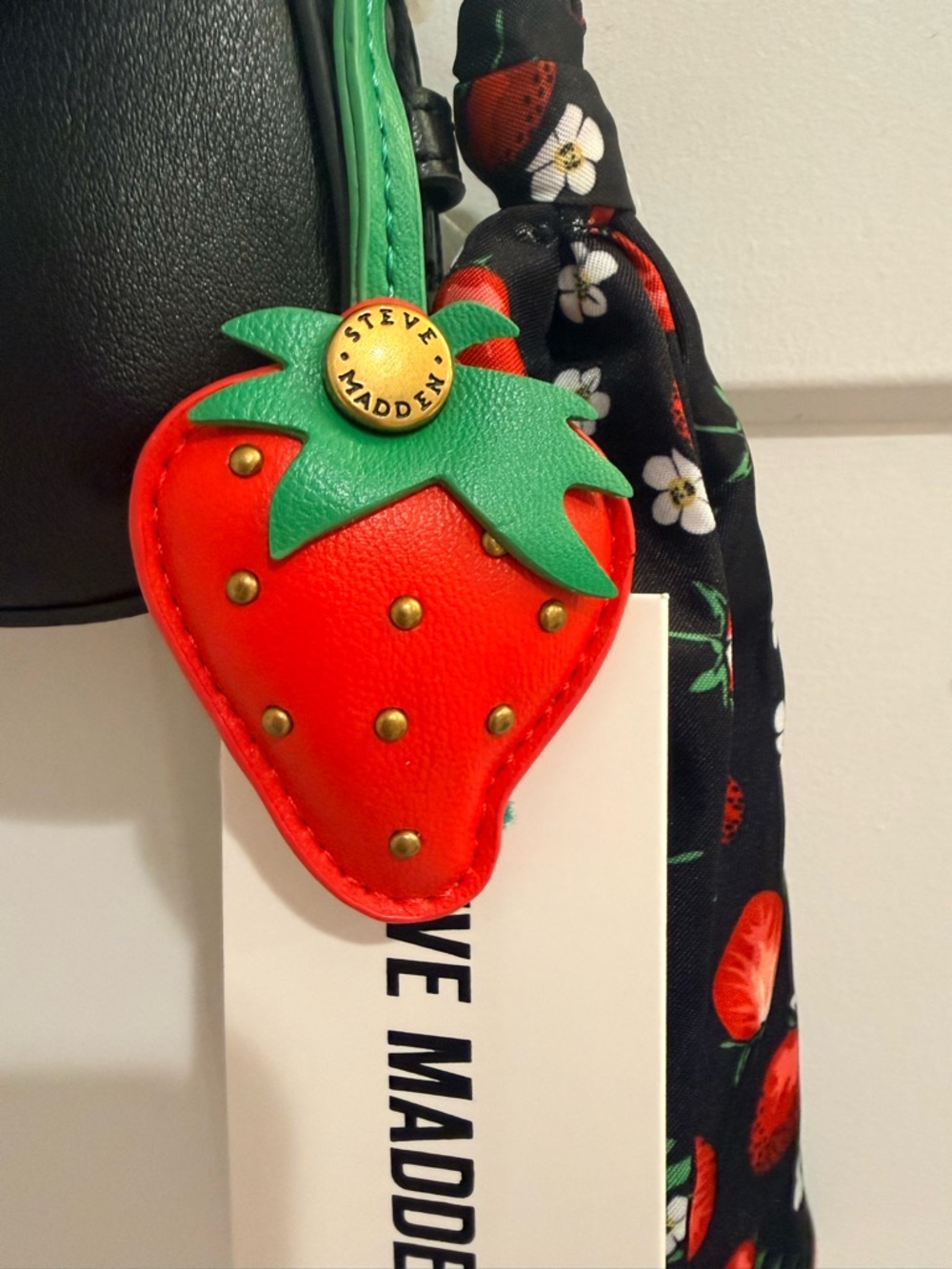 Steve Madden Black Shoulder Bag with Strawberry Charm and Floral Scarf - Picture 4 of 6